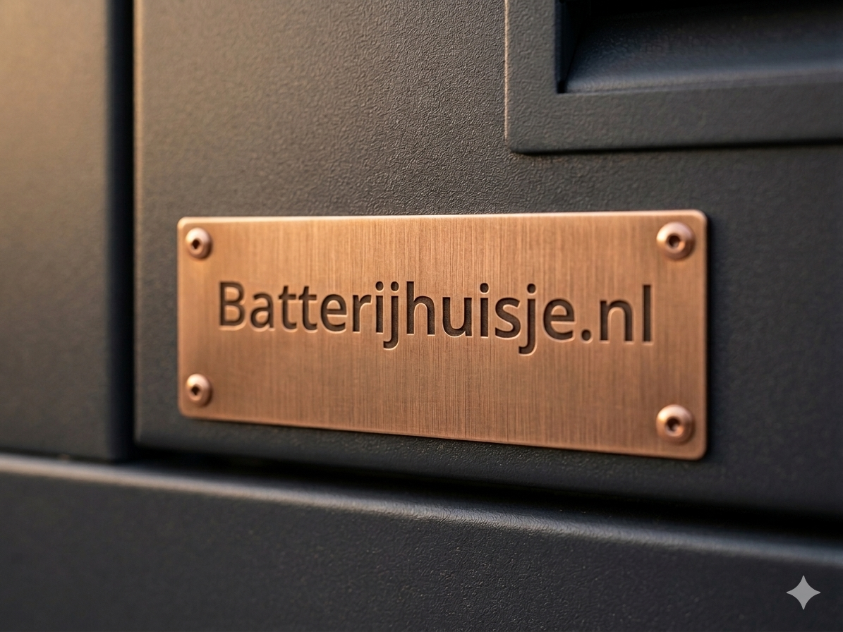 Koperen naamplaatje met Batterijhuisje.nl op een stalen behuizing